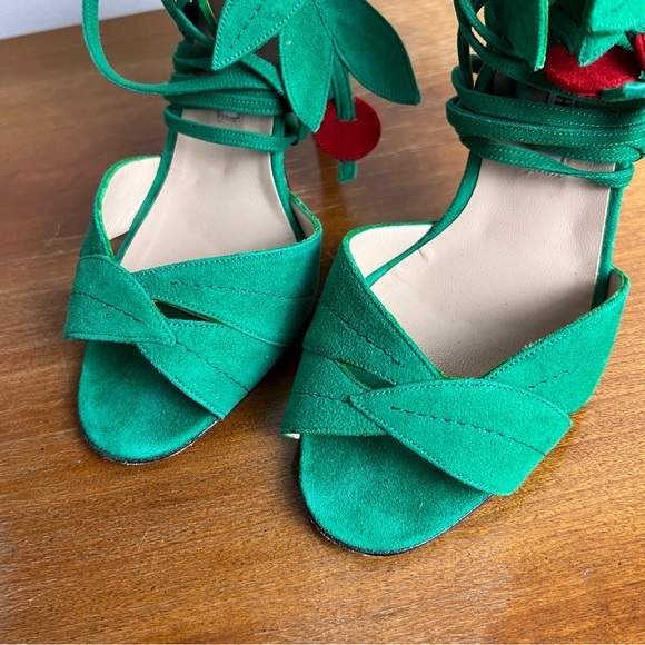 Manolo Blahnik 2023 Leaf Cherry Suede Wrap Heeled Sandals - Picture 4 of 8